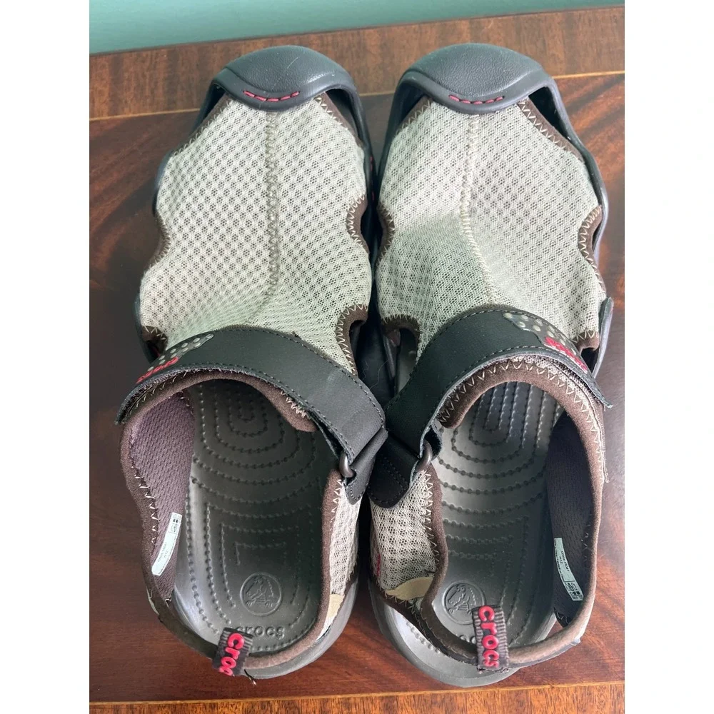 Crocs Swiftwater Mesh Deck Sandals Mens 12 Brown Water Hiking Shoes 15041